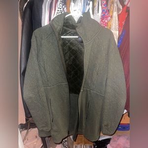North Face, size L, dark green long jacket, fleece lined and hooded.